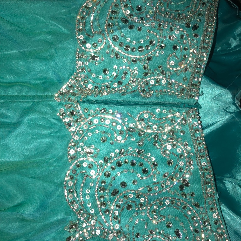 long turquoise dress w a bedazzled bodice